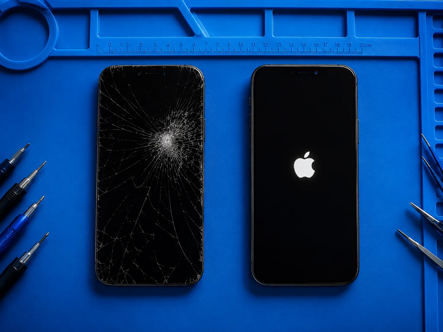Écran cassé avant réparation et iPhone réparé