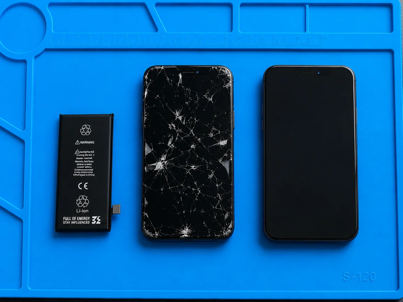 Écran cassé et batterie neuve d'iPhone sur tapis d'atelier